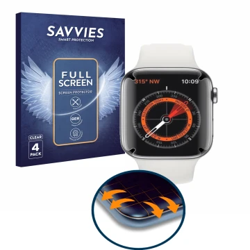 Vorderseite einer Produktverpackung mit dem Markenlogo Savvies. Daneben ist das Gerät Apple Watch Series 5 (44 mm) mit dem zug