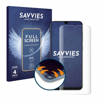 Vorderseite einer Produktverpackung mit dem Markenlogo Savvies. Daneben ist das Gerät Samsung Galaxy A30s mit dem zugehörigen 