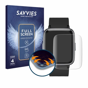 Vorderseite einer Produktverpackung mit dem Markenlogo Savvies. Daneben ist das Gerät Yamay SW020 mit dem zugehörigen Displays