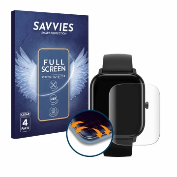 Vorderseite einer Produktverpackung mit dem Markenlogo Savvies. Daneben ist das Gerät Huami Amazfit GTS mit dem zugehörigen Di