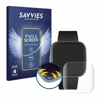 Vorderseite einer Produktverpackung mit dem Markenlogo Savvies. Daneben ist das Gerät Fitbit Versa 2 mit dem zugehörigen Displ