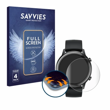 Vorderseite einer Produktverpackung mit dem Markenlogo Savvies. Daneben ist das Gerät Honor Watch Magic 2 (42 mm) mit dem zuge