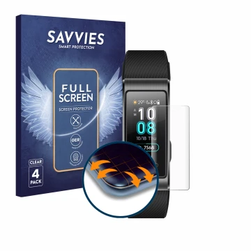 Vorderseite einer Produktverpackung mit dem Markenlogo Savvies. Daneben ist das Gerät Huawei Band 4 Pro mit dem zugehörigen Di