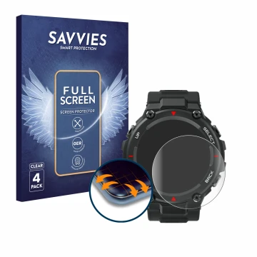 Vorderseite einer Produktverpackung mit dem Markenlogo Savvies. Daneben ist das Gerät Huami Amazfit T-Rex mit dem zugehörigen 