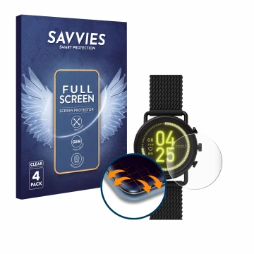 Vorderseite einer Produktverpackung mit dem Markenlogo Savvies. Daneben ist das Gerät Skagen Smartwatch Falster 3 mit dem zuge
