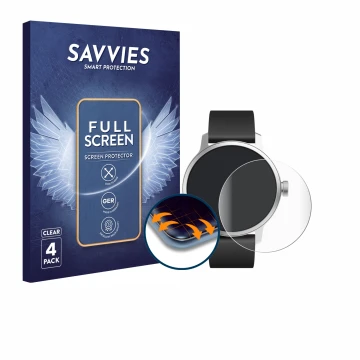 Vorderseite einer Produktverpackung mit dem Markenlogo Savvies. Daneben ist das Gerät Withings ScanWatch (42 mm) mit dem zugeh