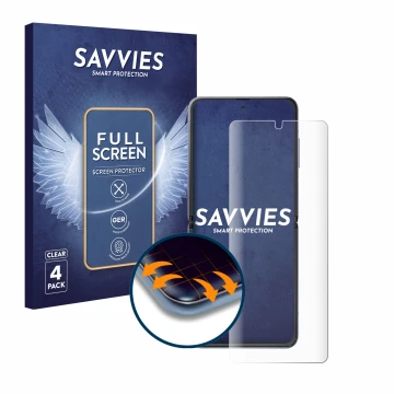 Vorderseite einer Produktverpackung mit dem Markenlogo Savvies. Daneben ist das Gerät Samsung Galaxy Z Flip mit dem zugehörige