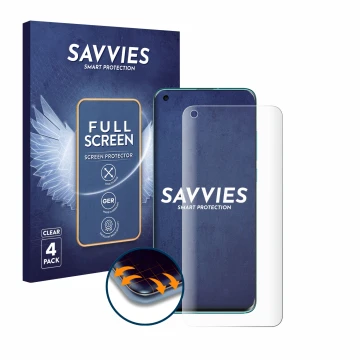 Vorderseite einer Produktverpackung mit dem Markenlogo Savvies. Daneben ist das Gerät Xiaomi Mi 10 mit dem zugehörigen Display