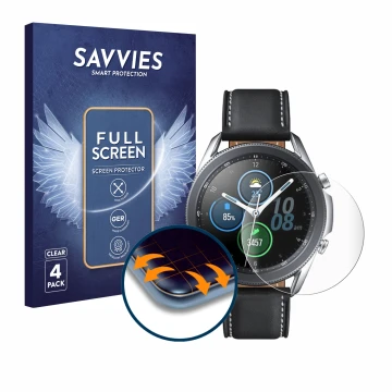 Vorderseite einer Produktverpackung mit dem Markenlogo Savvies. Daneben ist das Gerät Samsung Galaxy Watch 3 (41mm) mit dem zu