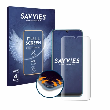 Vorderseite einer Produktverpackung mit dem Markenlogo Savvies. Daneben ist das Gerät Samsung Galaxy M31 mit dem zugehörigen D