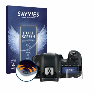Vorderseite einer Produktverpackung mit dem Markenlogo Savvies. Daneben ist das Gerät Canon EOS 6D Mark II (Schulterdisplay) m
