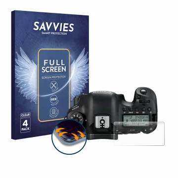 Vorderseite einer Produktverpackung mit dem Markenlogo Savvies. Daneben ist das Gerät Canon EOS 6D (Schulterdisplay) mit dem z