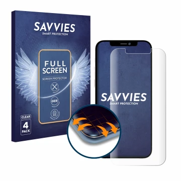 Vorderseite einer Produktverpackung mit dem Markenlogo Savvies. Daneben ist das Gerät Apple iPhone 12 Pro Max mit dem zugehöri