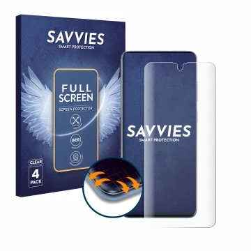 Vorderseite einer Produktverpackung mit dem Markenlogo Savvies. Daneben ist das Gerät Samsung Galaxy S20 Plus 5G mit dem zugeh