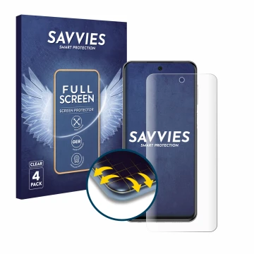 Vorderseite einer Produktverpackung mit dem Markenlogo Savvies. Daneben ist das Gerät Xiaomi Redmi Note 9 Pro mit dem zugehöri