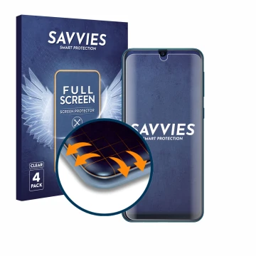 Vorderseite einer Produktverpackung mit dem Markenlogo Savvies. Daneben ist das Gerät Samsung Galaxy M21 mit dem zugehörigen D