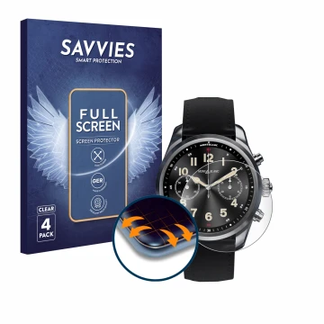 Vorderseite einer Produktverpackung mit dem Markenlogo Savvies. Daneben ist das Gerät Montblanc Summit 2 Plus mit dem zugehöri