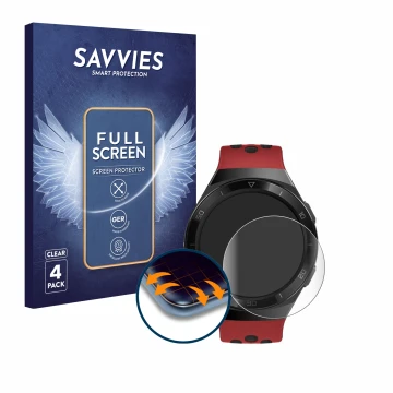 Vorderseite einer Produktverpackung mit dem Markenlogo Savvies. Daneben ist das Gerät Huawei Watch GT 2e mit dem zugehörigen D