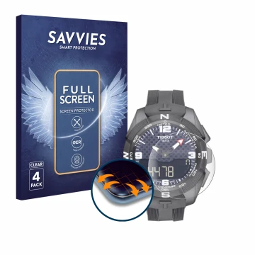 Vorderseite einer Produktverpackung mit dem Markenlogo Savvies. Daneben ist das Gerät Tissot T-Touch Connect Solar mit dem zug