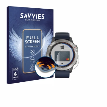Vorderseite einer Produktverpackung mit dem Markenlogo Savvies. Daneben ist das Gerät Garmin quatix 6 mit dem zugehörigen Disp