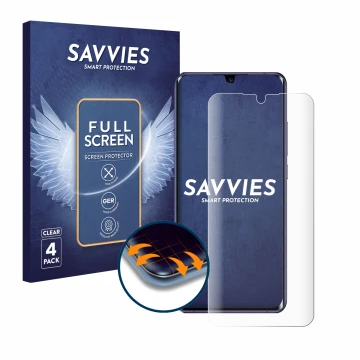 Vorderseite einer Produktverpackung mit dem Markenlogo Savvies. Daneben ist das Gerät Xiaomi Mi Note 10 Lite mit dem zugehörig