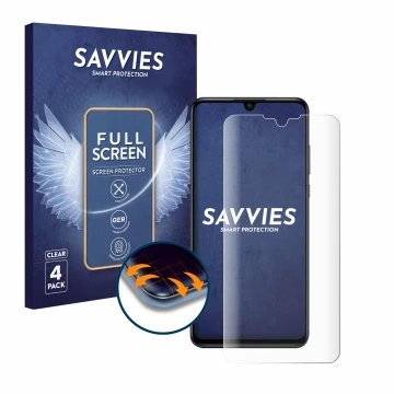 Vorderseite einer Produktverpackung mit dem Markenlogo Savvies. Daneben ist das Gerät Huawei P30 lite New Edition mit dem zuge
