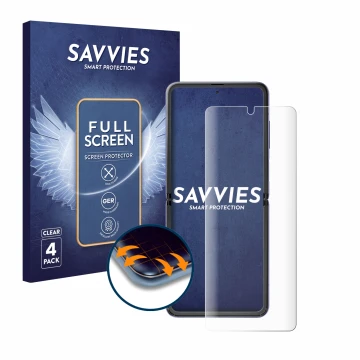 Vorderseite einer Produktverpackung mit dem Markenlogo Savvies. Daneben ist das Gerät Samsung Galaxy Z Flip 5G mit dem zugehör