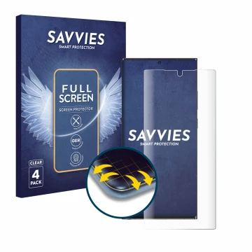 Vorderseite einer Produktverpackung mit dem Markenlogo Savvies. Daneben ist das Gerät Samsung Galaxy Note 20 Ultra mit dem zug