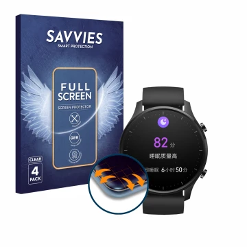 Vorderseite einer Produktverpackung mit dem Markenlogo Savvies. Daneben ist das Gerät Xiaomi Mi Watch Revolve mit dem zugehöri