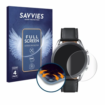 Vorderseite einer Produktverpackung mit dem Markenlogo Savvies. Daneben ist das Gerät Samsung Galaxy Watch 3 (45mm) mit dem zu
