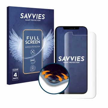 Vorderseite einer Produktverpackung mit dem Markenlogo Savvies. Daneben ist das Gerät Apple iPhone 12 Pro mit dem zugehörigen 