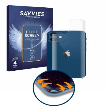Vorderseite einer Produktverpackung mit dem Markenlogo Savvies. Daneben ist das Gerät Apple iPhone 12 (Rückseite) mit dem zuge