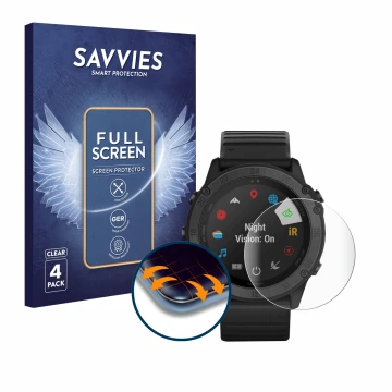 Vorderseite einer Produktverpackung mit dem Markenlogo Savvies. Daneben ist das Gerät Garmin Tactix Delta Solar Ballistic mit 
