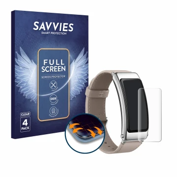 Vorderseite einer Produktverpackung mit dem Markenlogo Savvies. Daneben ist das Gerät Huawei TalkBand B6 mit dem zugehörigen D