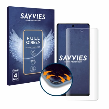 Vorderseite einer Produktverpackung mit dem Markenlogo Savvies. Daneben ist das Gerät Samsung Galaxy Note 20 5G mit dem zugehö