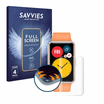 Vorderseite einer Produktverpackung mit dem Markenlogo Savvies. Daneben ist das Gerät Huawei Watch Fit mit dem zugehörigen Dis