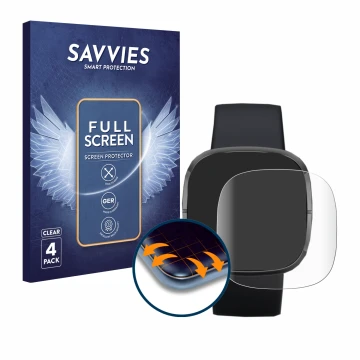 Vorderseite einer Produktverpackung mit dem Markenlogo Savvies. Daneben ist das Gerät Fitbit Sense mit dem zugehörigen Display