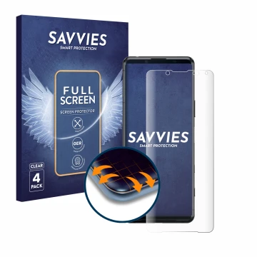 Vorderseite einer Produktverpackung mit dem Markenlogo Savvies. Daneben ist das Gerät Sony Xperia 5 II mit dem zugehörigen Dis