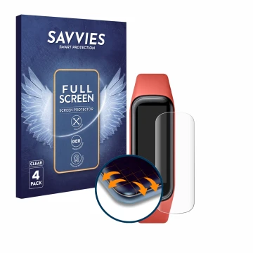 Vorderseite einer Produktverpackung mit dem Markenlogo Savvies. Daneben ist das Gerät Samsung Galaxy Fit2 mit dem zugehörigen 