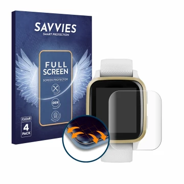 Vorderseite einer Produktverpackung mit dem Markenlogo Savvies. Daneben ist das Gerät Garmin Venu Sq mit dem zugehörigen Displ