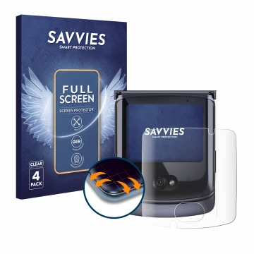 Vorderseite einer Produktverpackung mit dem Markenlogo Savvies. Daneben ist das Gerät Motorola Razr 5G 2020 (Vorderes Display)