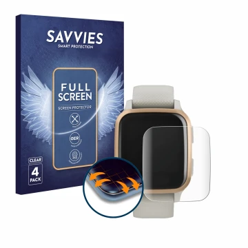 Vorderseite einer Produktverpackung mit dem Markenlogo Savvies. Daneben ist das Gerät Garmin Venu Sq Music mit dem zugehörigen