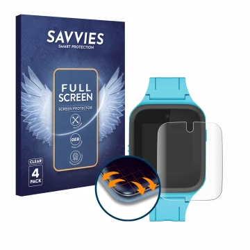 Vorderseite einer Produktverpackung mit dem Markenlogo Savvies. Daneben ist das Gerät TCL Movetime FamilyWatch Kids MT40X mit 