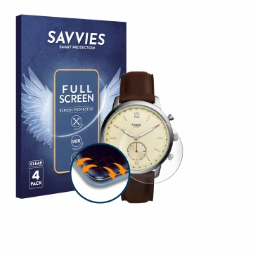 Vorderseite einer Produktverpackung mit dem Markenlogo Savvies. Daneben ist das Gerät Fossil Neutra Hybrid HR mit dem zugehöri