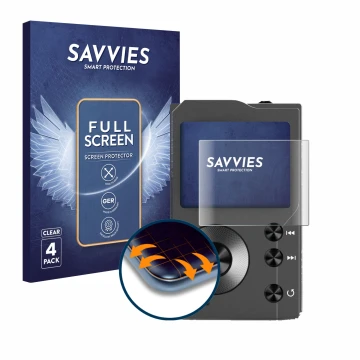 Vorderseite einer Produktverpackung mit dem Markenlogo Savvies. Daneben ist das Gerät Surfans F20 mit dem zugehörigen Displays