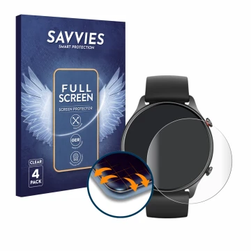 Vorderseite einer Produktverpackung mit dem Markenlogo Savvies. Daneben ist das Gerät Huami Amazfit GTR 2e mit dem zugehörigen