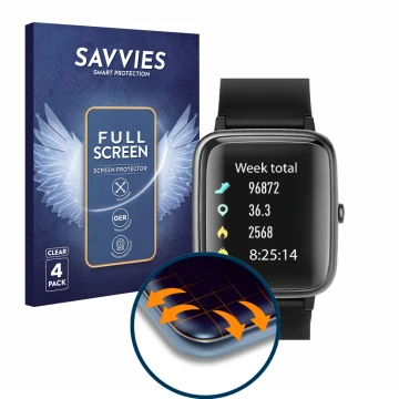 Vorderseite einer Produktverpackung mit dem Markenlogo Savvies. Daneben ist das Gerät Fkant 205G mit dem zugehörigen Displaysc