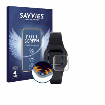 Vorderseite einer Produktverpackung mit dem Markenlogo Savvies. Daneben ist das Gerät Casio W-800H-1AVES mit dem zugehörigen D