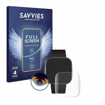 Vorderseite einer Produktverpackung mit dem Markenlogo Savvies. Daneben ist das Gerät Fitbit Versa 2 Special Edition mit dem z