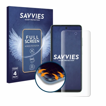 Vorderseite einer Produktverpackung mit dem Markenlogo Savvies. Daneben ist das Gerät Samsung Galaxy A52 mit dem zugehörigen D